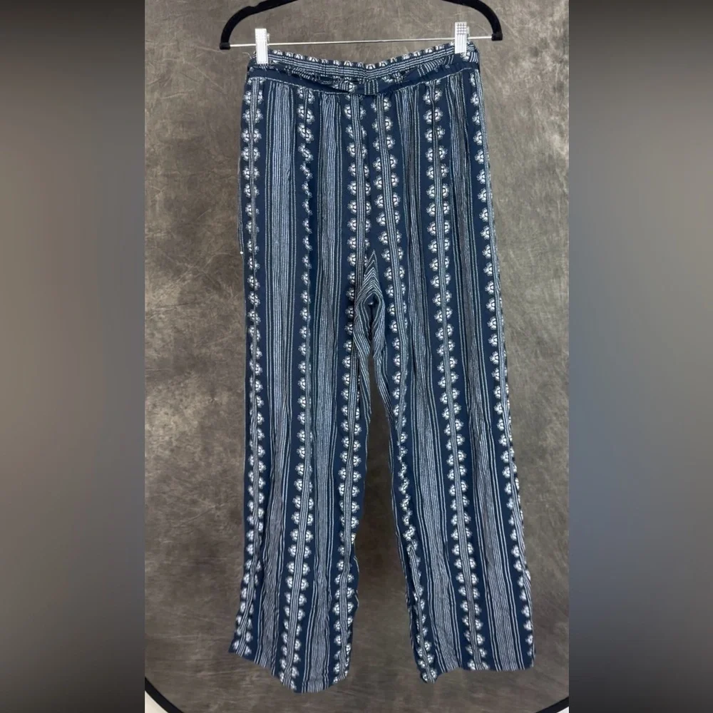 Bebop Blue & White Boho Wide Leg Pants XL | Tie Waist Pockets Rayon Summer - Picture 4 of 6